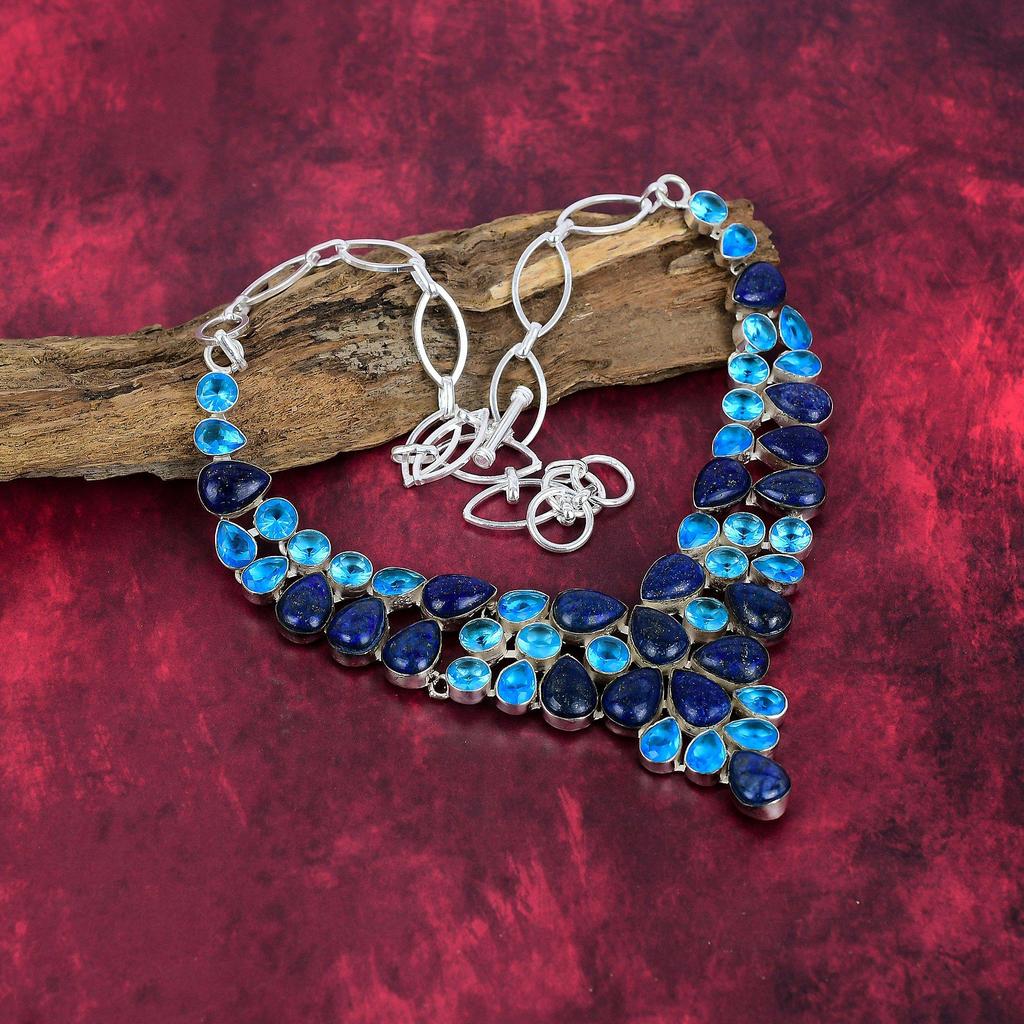 Lapis Lazuli, Blue Topaz 925 Solid Sterling Silver Necklace with Adjustable Chain, Handmade Gemstone Jewelry Necklace For Memorial Day