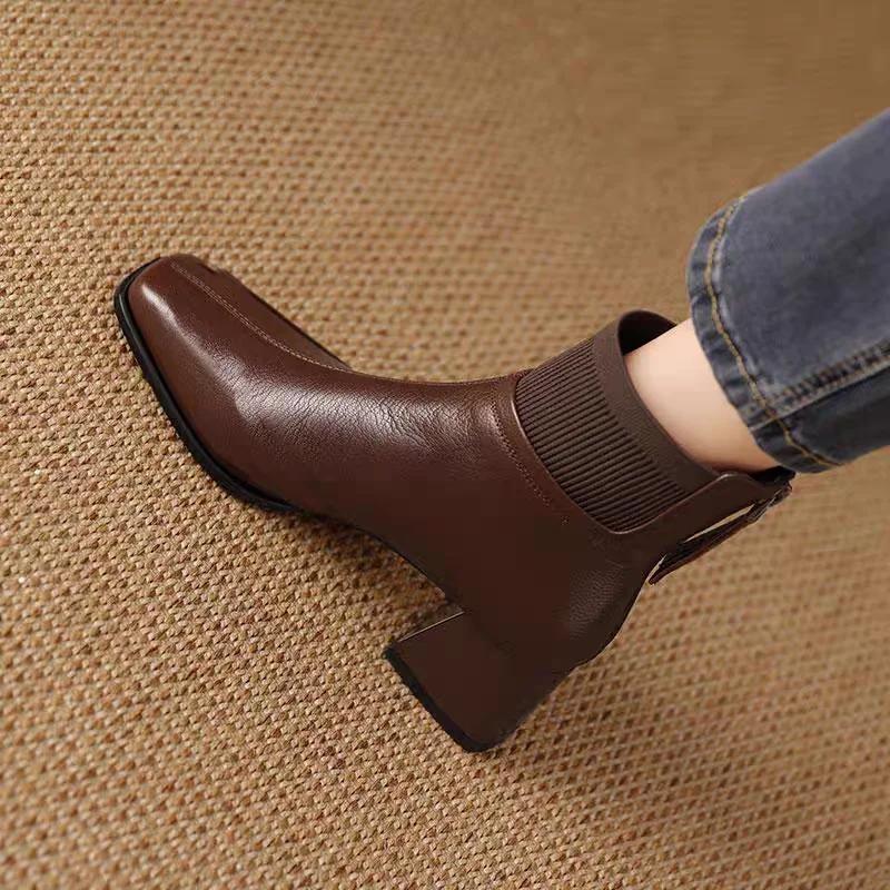 

Ретро модные ботильоны с квадратным носком, женские осенне-зимние на среднем высоком каблуке, вязаные голенища, модные облегающие ботинки 40