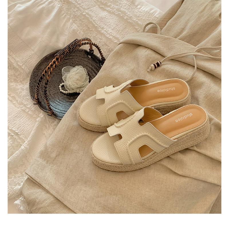 Rindslederversion Strohmuffin getragen erhöht 6cm Ruth Retro-Wort dicker Boden Keilabsatz H coole Slipper Damen Sommer