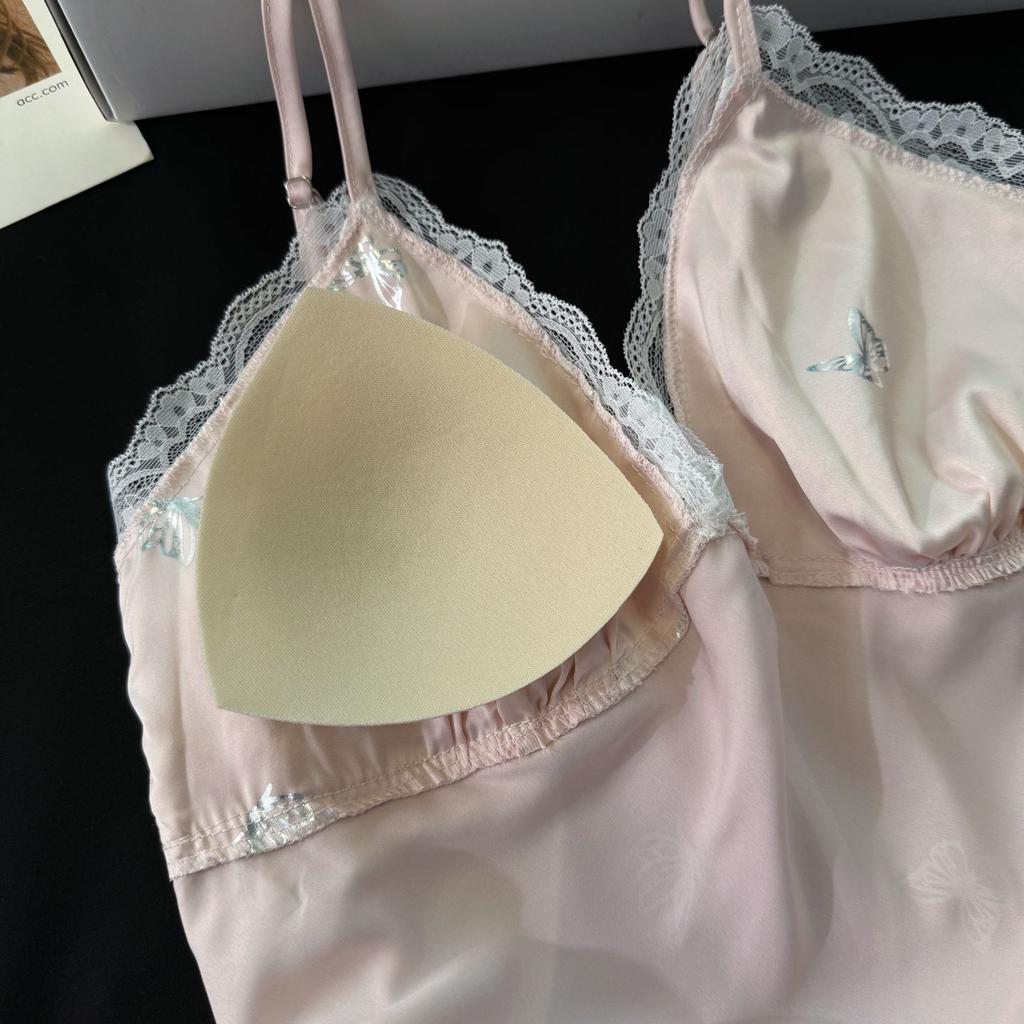 Ice Silk Women's Summer Sexy Suspender Nightdress Love Ironing Silver Butterfly Loose Pajamas Lace Silk Loungewear