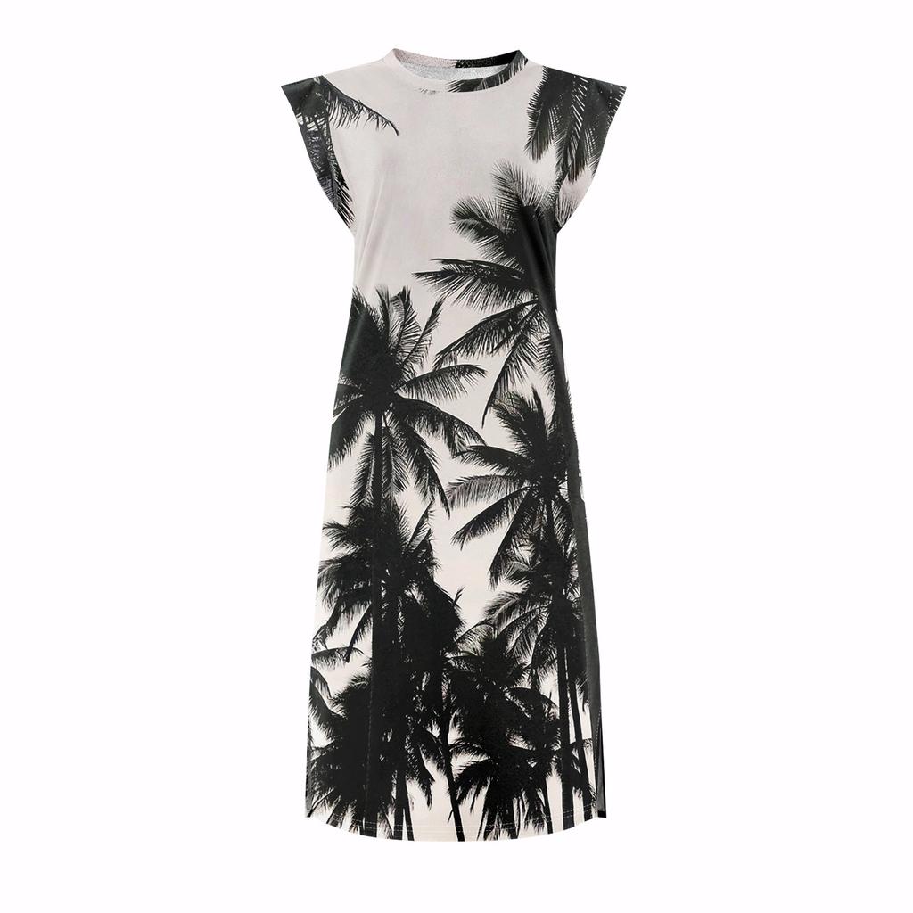 Summer Dresses For Women Round Neck Casual Loose Printing Split Wrinkle-Free Beach Dress With Pockets