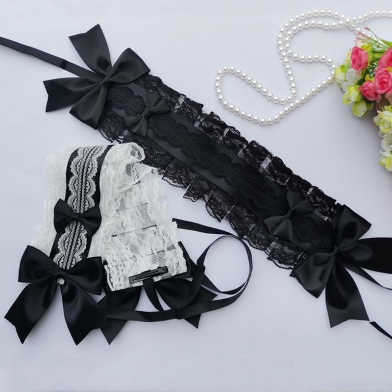 NEW Lolita Ruffled Headband Sweet Star Embroidery Lace Ribbon Bow Hairband with Hairpins Anime Maid Cosplay Headdress