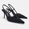 Breathable Mesh String Bead Slingback Black Heels Women Sexy Pointed Toe Back Strap Stiletto Sandals Luxury Party Designer Shoes