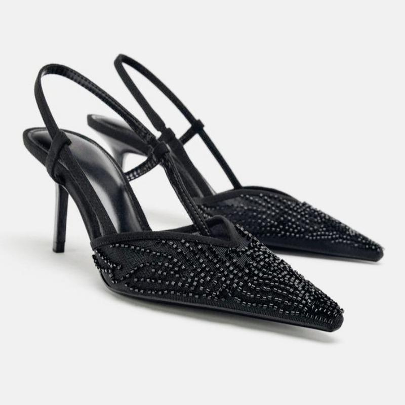 Breathable Mesh String Bead Slingback Black Heels Women Sexy Pointed Toe Back Strap Stiletto Sandals Luxury Party Designer Shoes