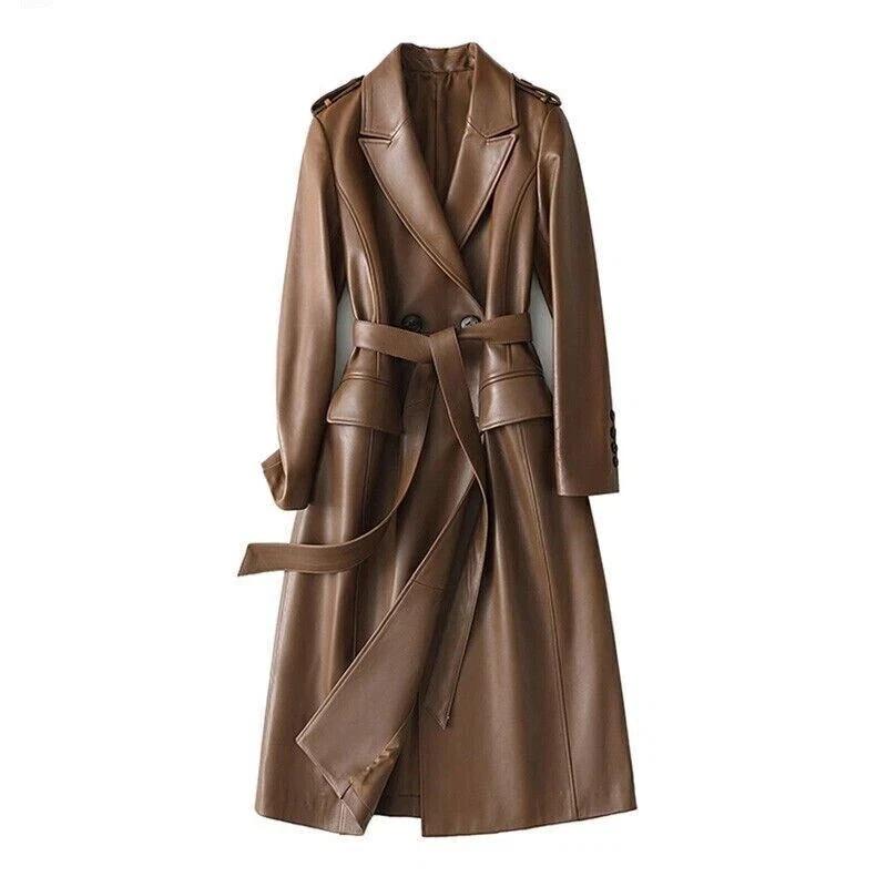 Handmade Genuine Party Wear Fit Brown Women's Casual Lambskin Leather Trench Coat