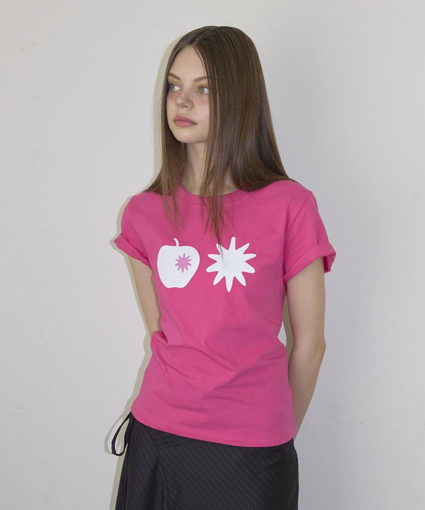 Nyuyogwogseu Apple Print Short Sleeve T-Shirt_Hot Pink