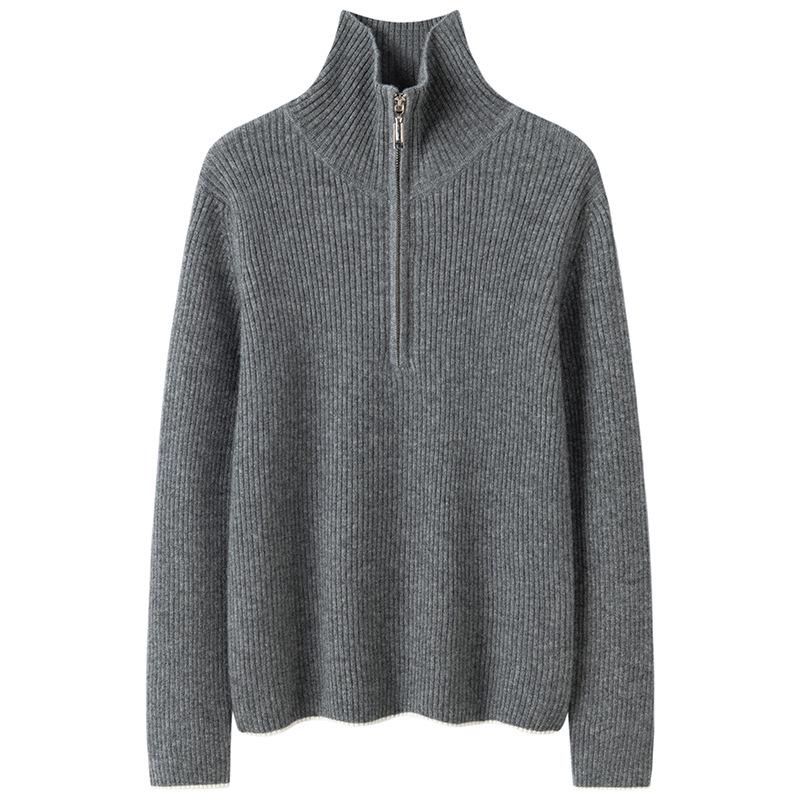 Women's Autumn/Winter 2026 Half-Zip Cashmere Sweater - Lapel Vertical Stripe, Gentle Style Loose Slimming Knitwear