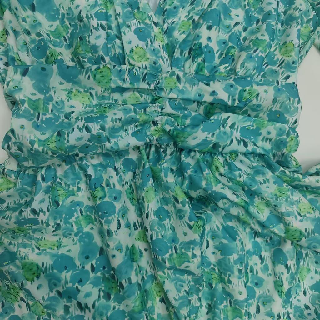 Summer Women's Floral Print Casual Long Dress V-Neck Short Sleeve Elegant Office Female Beach Party Maxi Dresses Robe