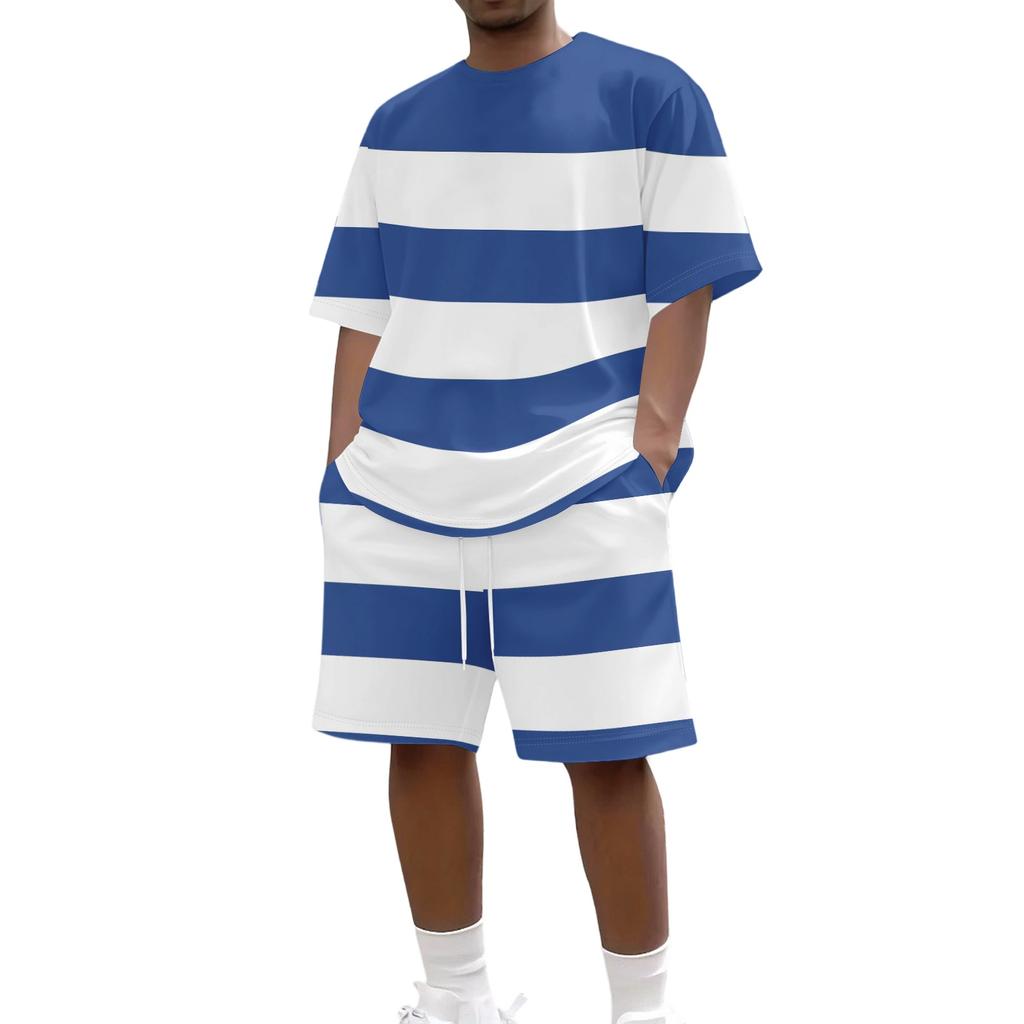 Herren Casual Kurzarm Rundhals T-Shirt und Shorts Set Gestreiftes Muster Leicht Atmungsaktiv Sommer Outfit für den täglichen Gebrauch