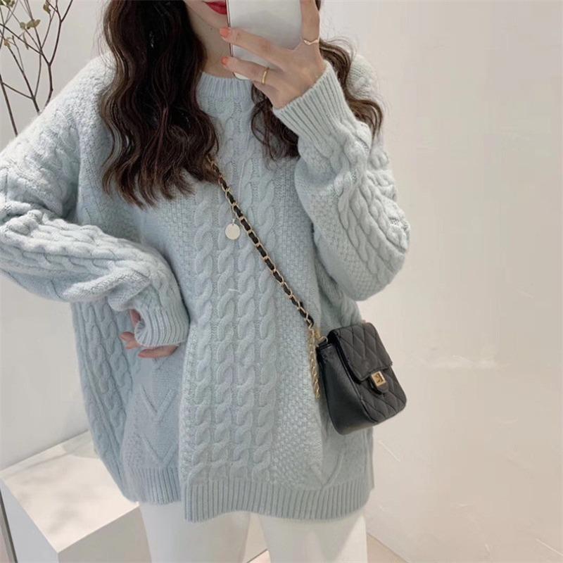 Solid color twist soft waxy pullover sweater women's autumn and winter new fashion loose lazy wind crew neck knitted sweater thick