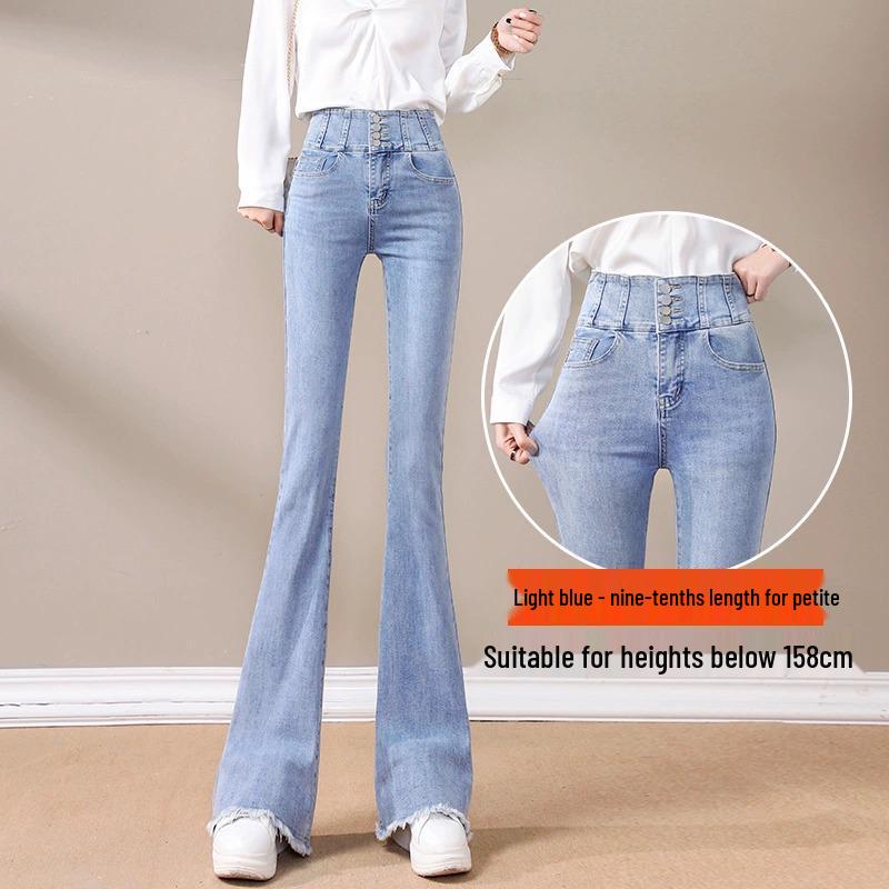 

Women s Velvet Slimming Micro-Flare High Waist Jeans - Frayed Bell Bottoms, Light Color, Autumn/Winter 2024 26