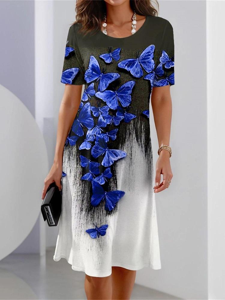 Dámské ležérní dlouhé letní šaty ve vintage stylu, pohodlný O výstřih, květinový potisk, délka ke kolenům, s kapsami