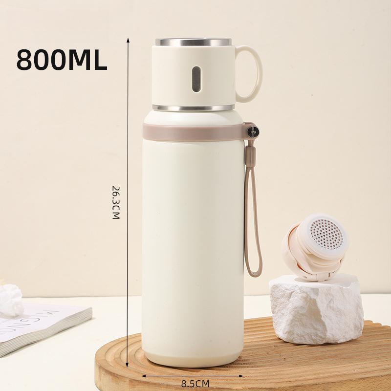 Stainless Steel Insulated Bottle With Cup Lid Tea Infuser Portable Travel Thermos Mug With Strap Leakproof 600ml 800ml For Office Outdoor Use