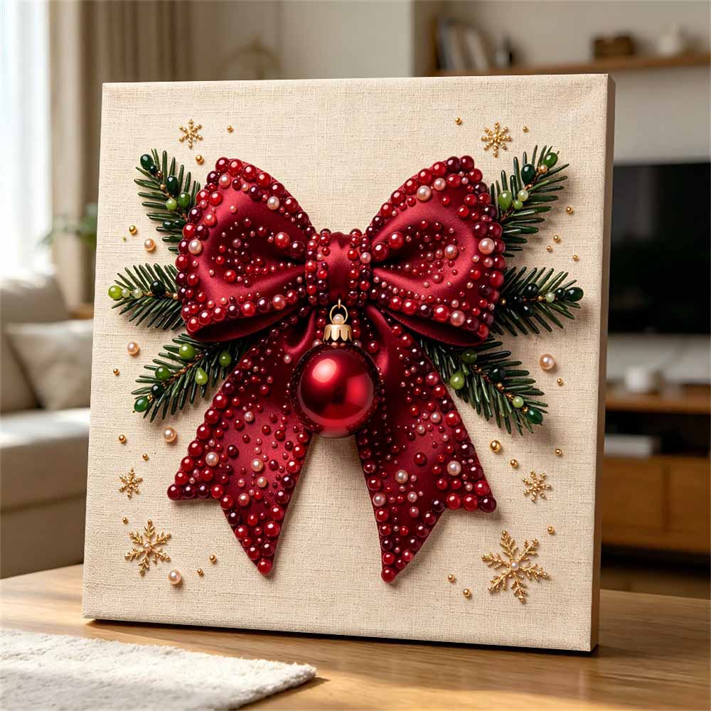 DIY 5D Pearl Painting Kit Framed with Red Christmas Bow Ornament Sparkling Bead Canvas Art Creative Gift for Holiday Room Decor