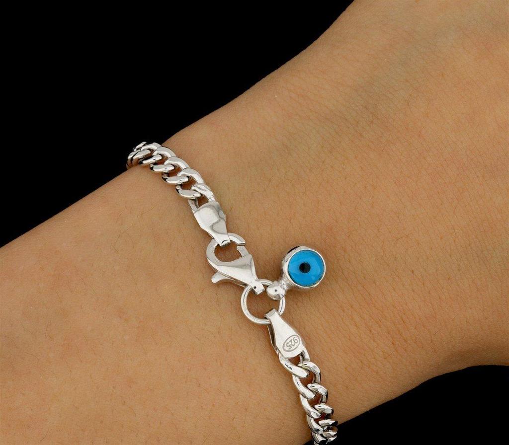 Sterling Silver Gourmet Bracelet With Evil Eye Detail, Cuban Chain For Woman, Turkish Silver Jewelry