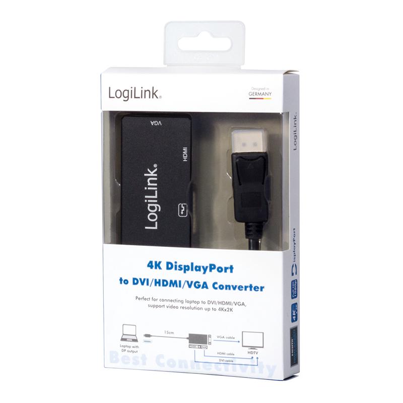 LogiLink DisplayPort DP/M To HDMI+DVI+VGA Adapter, 4K/30 Hz, Black, 0.1 M