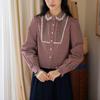 Doll collar contrasting lace split plaid shirt women's short top new shirt