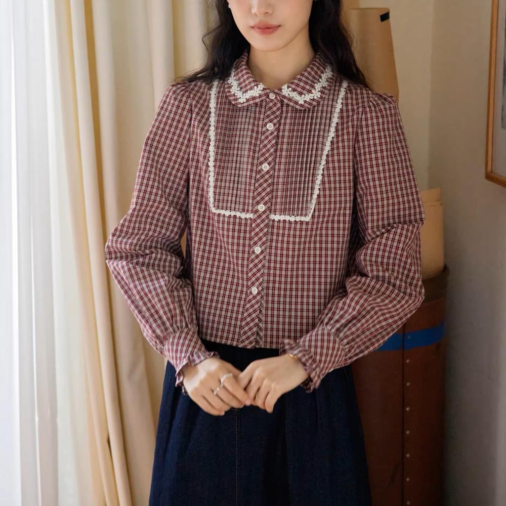 Doll collar contrasting lace split plaid shirt women's short top new shirt