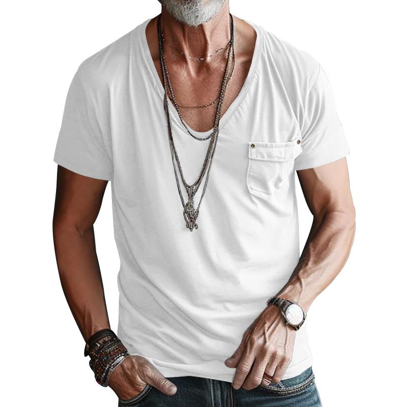 Men's Pocket T-shirt Clothing V-neck Solid Color Plus-size Casual Short-sleeved T-shirt