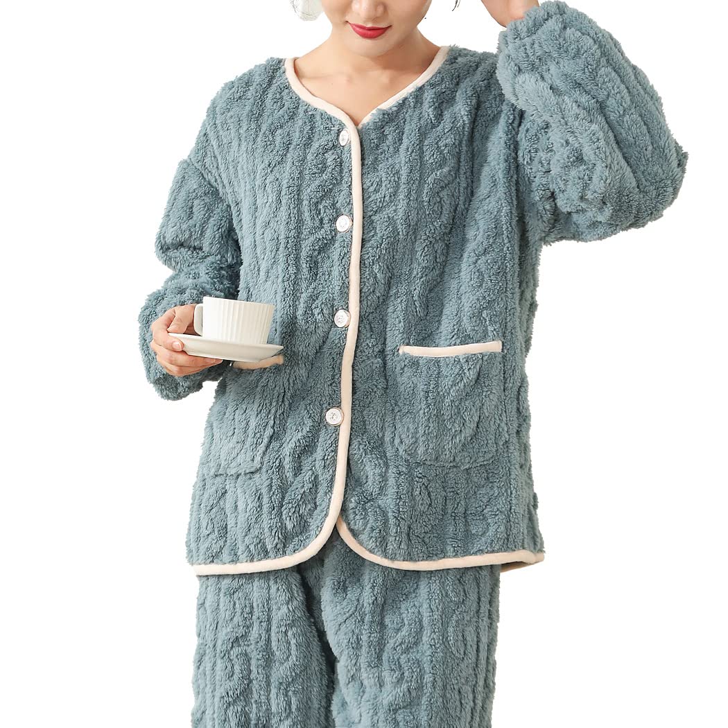 

DAYCLOSET Пушистый флисовый топ с длинным рукавом и низ, кабель, зимняя одежда, пыльный, женская домашняя одежда, комплект, трикотаж, (Размер M, Синий)