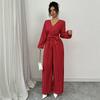 Damen V-Ausschnitt Langarm Plissierter Jumpsuit Mit Taillengürtel Eleganter Weiter Bein Romper