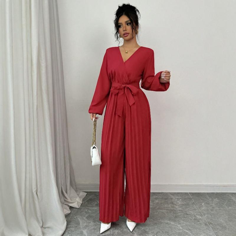 Damen V-Ausschnitt Langarm Plissierter Jumpsuit Mit Taillengürtel Eleganter Weiter Bein Romper