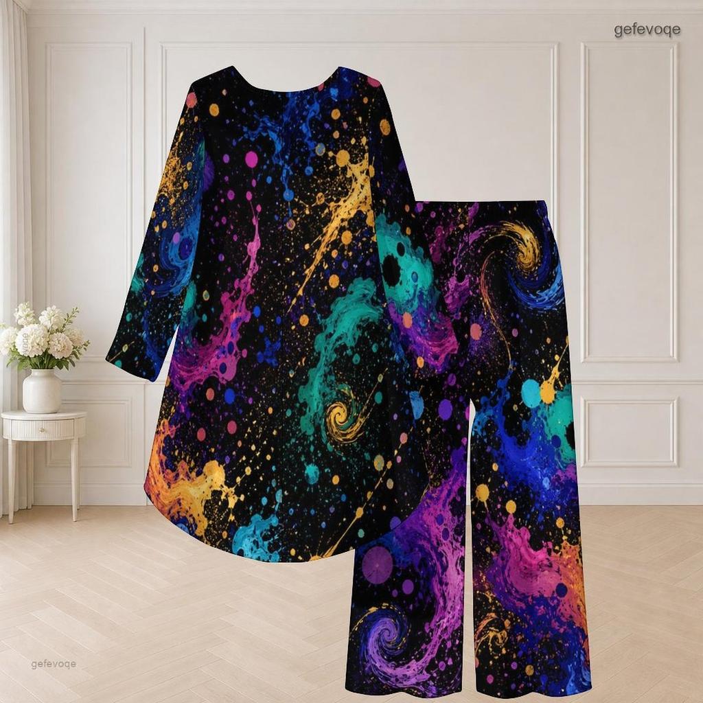 Women Plus Size Black Gold Printed Round Neck Long Sleeve High Low Top Wide Leg Pants Two Piece Set