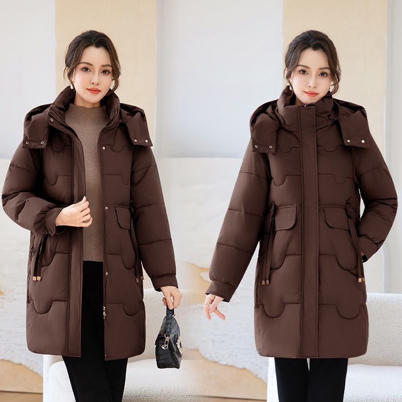 Middle-aged and elderly medium and long hooded cotton-padded clothes women's drawstring waist cotton clothes thickened warm jacket entity