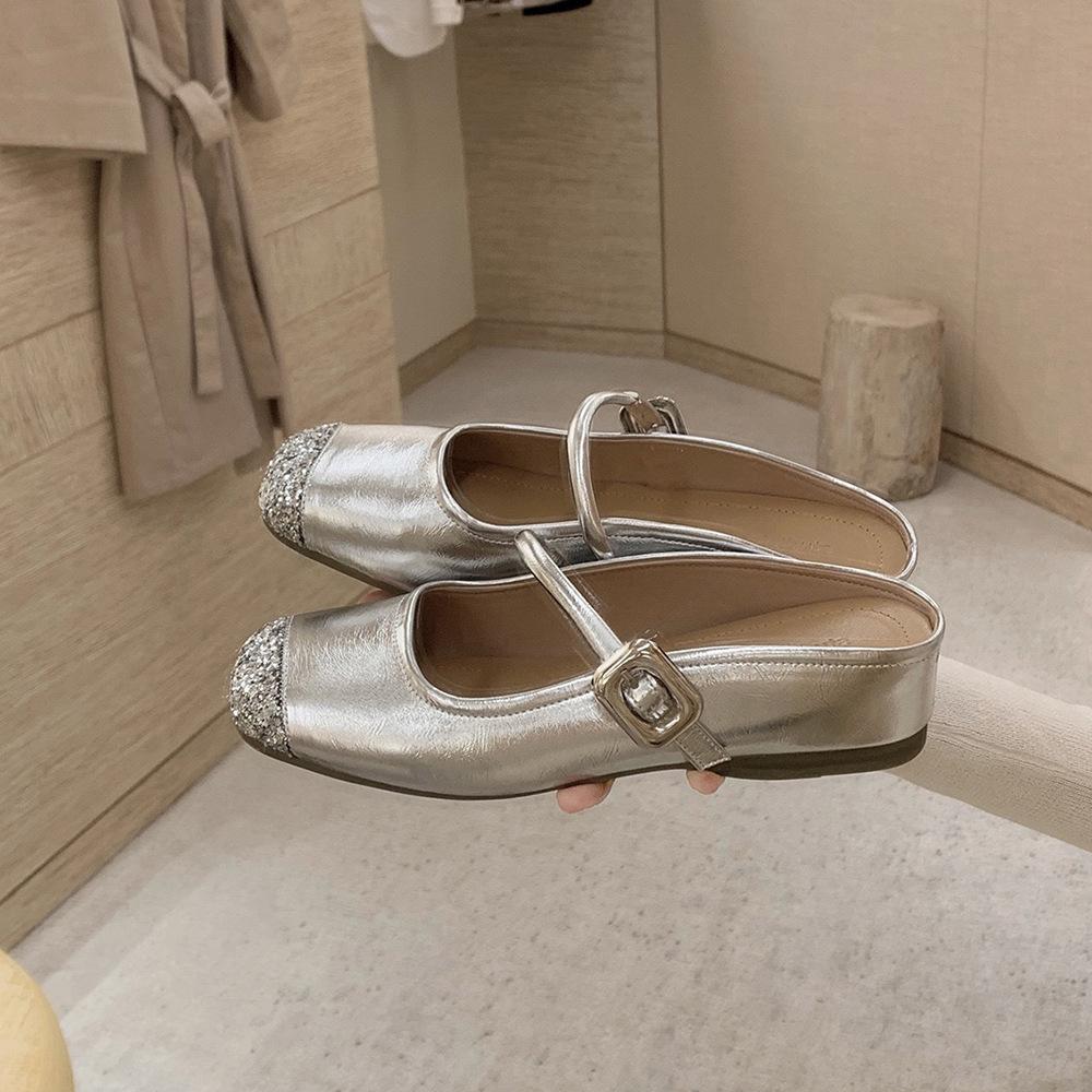 Schaffell Traubenmutter 4cm innere Höhenerhöhung Glitzer Spleißung Ein-Wort eckiger Kopf Lazy Bag Kopf Halbschuhe Damen Sommerbekleidung