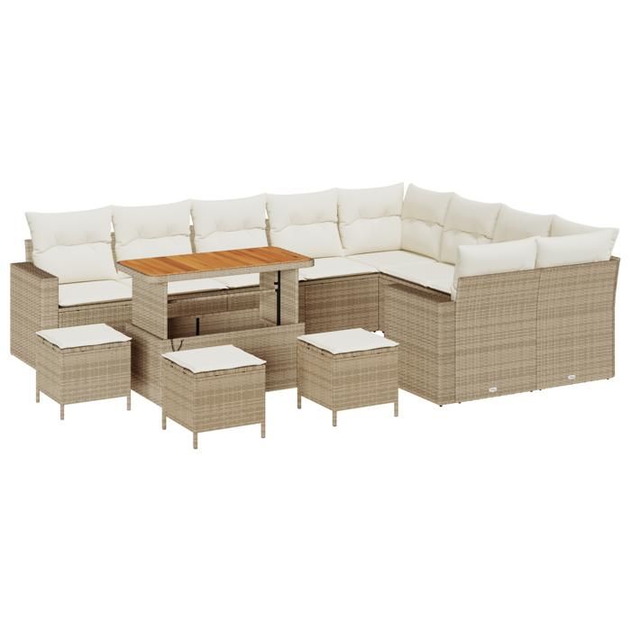 Ensemble de canapé de jardin VidaXL 13 pièces avec coussins Beige Poly Rattan Acacia, Ensemble de salle à manger de jardin 3361661