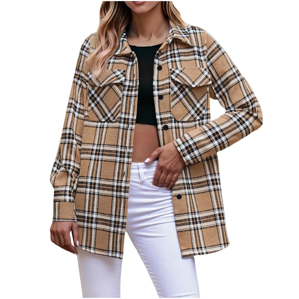 Women's Fashion Long-Sleeve Button-Down Plaid Shirt With Pockets