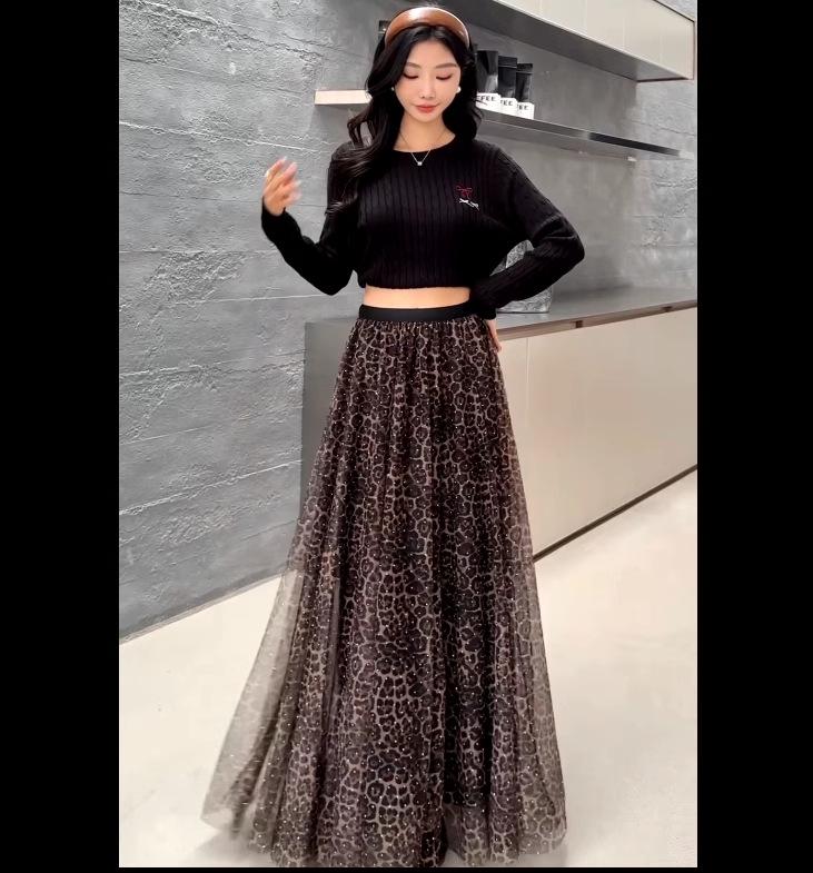 Women's High-Waisted Leopard Print A-Line Skirt with Full Hem