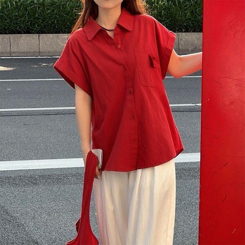 

Solid Color Women s Shirt Korean Version Turndown Collar Button Ladies Small Fly Sleeve Blouse Summer Fashion Versatile Famale Loose Top M красный