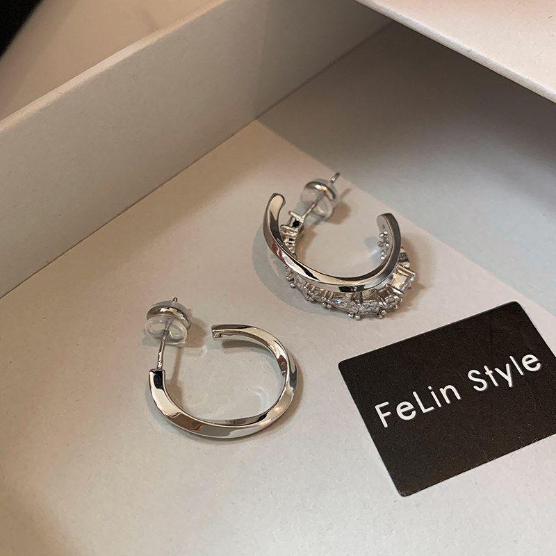 Cold Wind Fashion Asymmetric Silver Metal Female Zircon Silver Inlaid with Zirconium/Pair