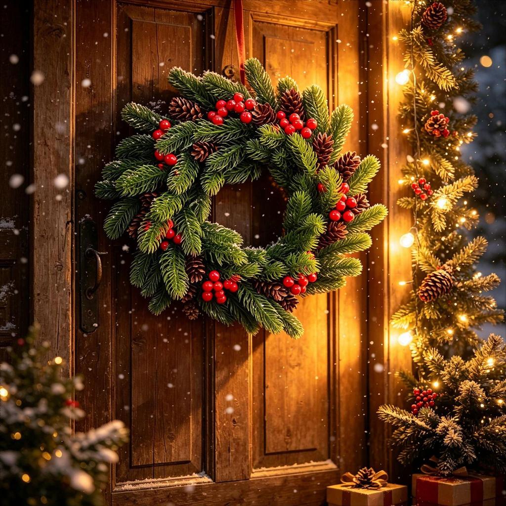 3D Pine Branch Christmas Wreath with Red Berries - Festive Door Hanging Decoration