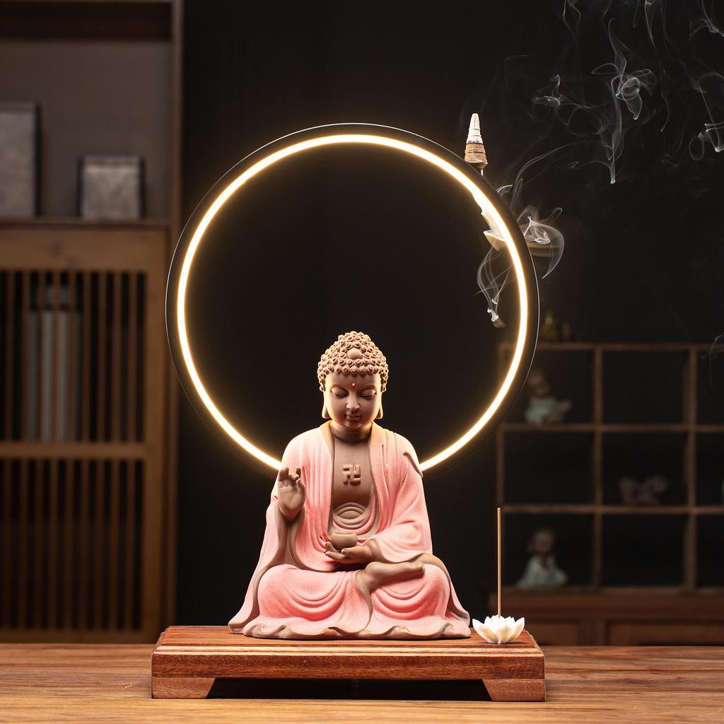 Chinese-style Buddha statue lamp ring decoration, ceramic Sakyamuni, creative entrance hall and Zen-inspired decoration for livi