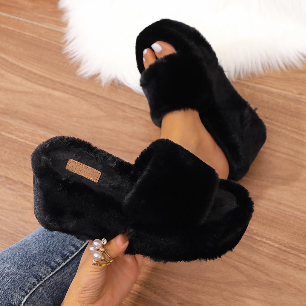 Platform Fur Slippers Women Autumn Furry Outdoor Wedges Slippers Woman Short Plush Designer Shoes Slides Women Zapatos De Mujer