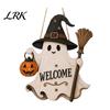 Non-scary Halloween Decor Wooden Hanging Door Sign, Cute Ghost Welcome Ornament with Witch Outdoor Sign Hat Pumpkin Lantern Design, Holiday