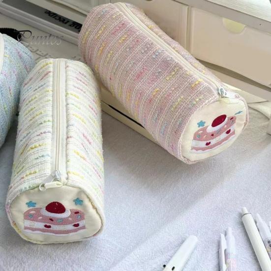 Decorative Pencil Case Strawberry Cake Roll Case, Large Capacity Cylindrical Pen Pouch, Girlish Desk Accessory Cute Stationery Storage Bag for