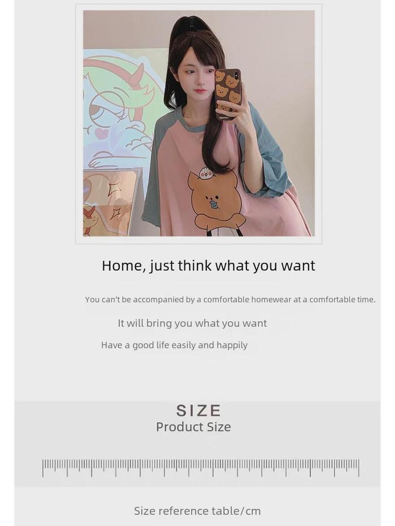 Women's Plus Size Cotton Nightdress - Cute Cartoon, Round Neck, Long Sleeve, Spring/Summer