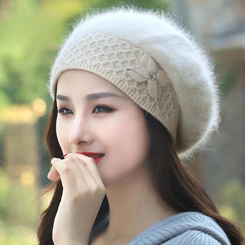 

Шапка из меха кролика для женщин зимой толстая теплая защита ушей вязаная шерстяная шапка корейская версия модный берет тренд Adult average size (56-60cm)