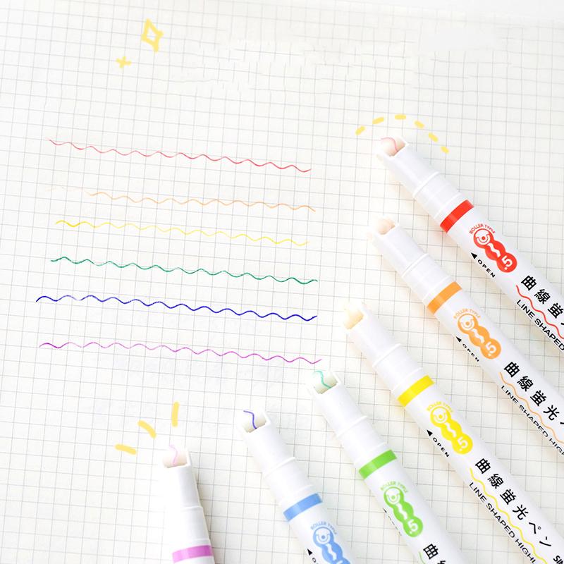 6pcs Line Shaped Highlighter Pen Multi Color Roller Tip Curve Liner Marker Highlighter Novelty Stationery School