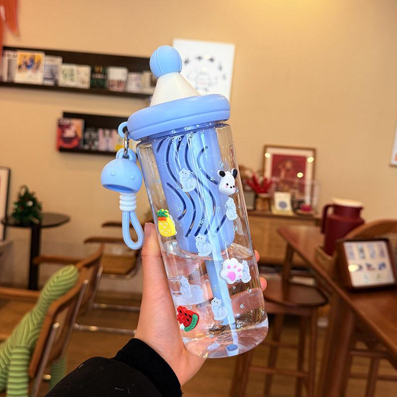 Water bottle new cute float plastic water cup student high value with rope straw cup dopamine summer sports water cup