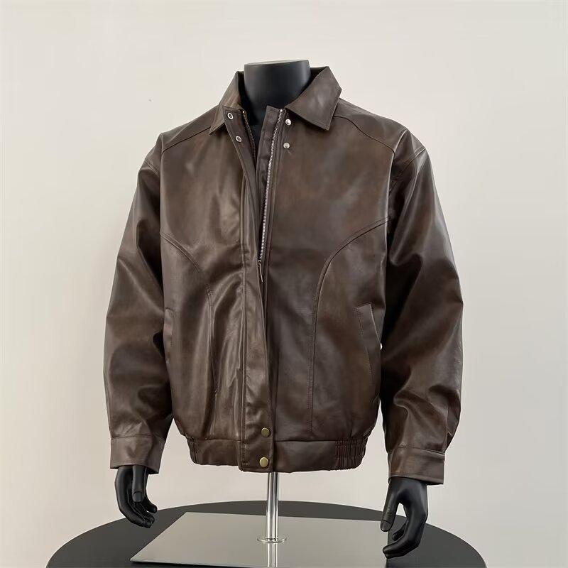 Мужская модная американская ретро куртка с лацканами из ПУ-кожи для весны и осени Medium коричневый