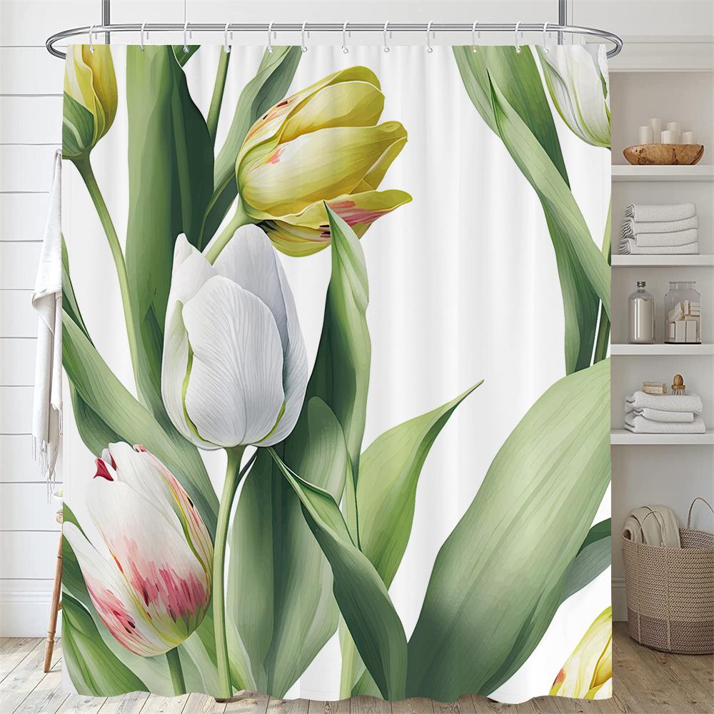 Floral Shower Curtain Watercolor Tulip Print Shower Curtain With Hooks, Waterproof Shower Curtain, Shower Curtains For Bathroom W60H190(CM)-1 Pcs