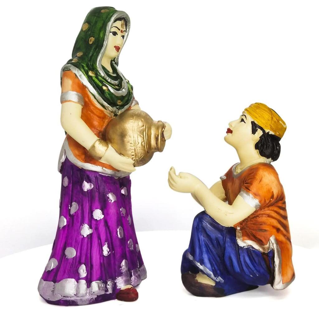 Village Women with Water Pot Idol Statue Decoreative Showpiece for Home Decor | Handcrafted and Hand Painted (Pack of 2, Multicolor)