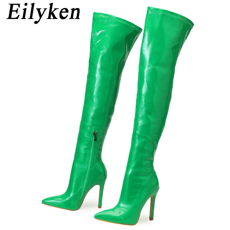 Mode Eilyken Sexy Schlangenleder Spitzschuh Damen Overknee Stiefel Mode Reißverschluss Winter Oberschenkelhohe Stiefel Stripper Schuhe