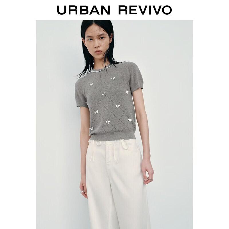 UR Women s Casual Rhombus Bow Beaded Knit Top M