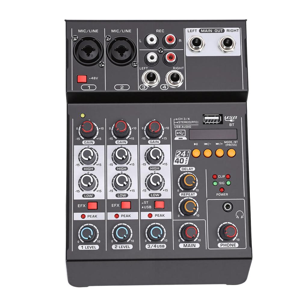 Sound Mixer USB MP3 Bluetooth Computer Input 4 Channel 48V Phantom Power Stereo DJ Mixer for Computer Recording Karaoke