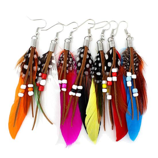 Bohemian Women Indian Feather Beads Tassel Dangle Hook Earrings Jewelry Gift